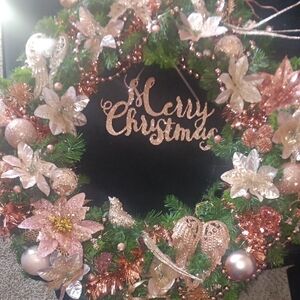 Elegant Green and Rose Gold Holiday Wreath